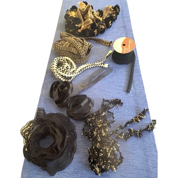 VTG Black Assorted Decorative Trim Lace & Ribbon Set Lingerie Crafts Totes - Picture 2 of 16